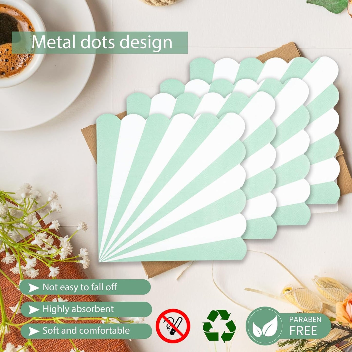 72PCS Sage Green Paper Plates and Napkins Party Supplies, Gold Foil Edge Scalloped Striped Plates Napkins Disposable Tableware Set for Birthday Wedding Baby Shower Party Decoration (Green)