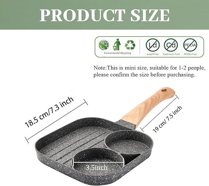 JUSTUP Nonstick Egg Frying Pan, Mini 3-in-1 Nonstick Pan Divided Grill Frying Pan, Heat Resistant Handle 3 Section Skillet Mini Pancake Pan, Cooking Pan for Breakfast, Egg, Bacon and Burgers, 7.3 in