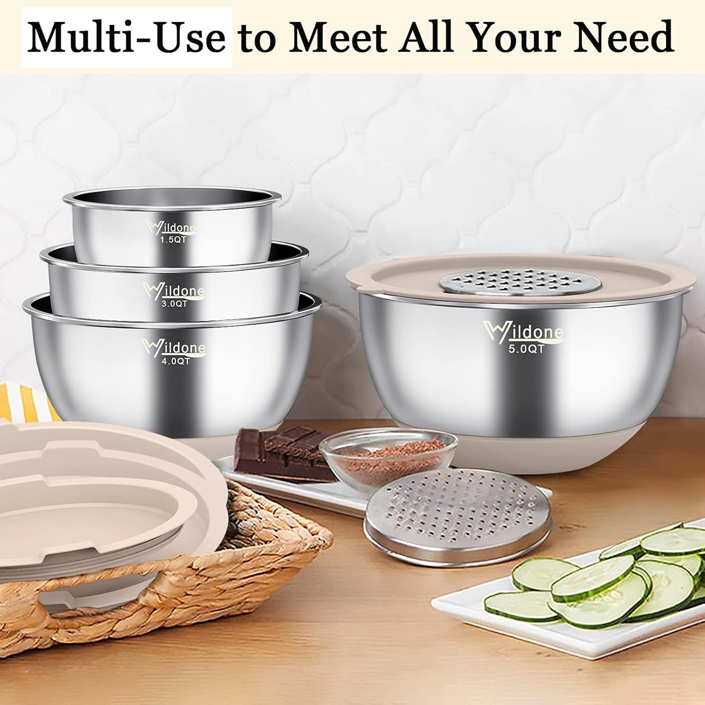 Wildone Mixing Bowls with Airtight Lids, 22 PCS Stainless Steel Nesting Bowls, with 3 Grater Attachments, Scale Marks & Non-Slip Bottom, Size 5, 4, 3, 2,1.5, 0.63QT, Ideal for Mixing & Prepping