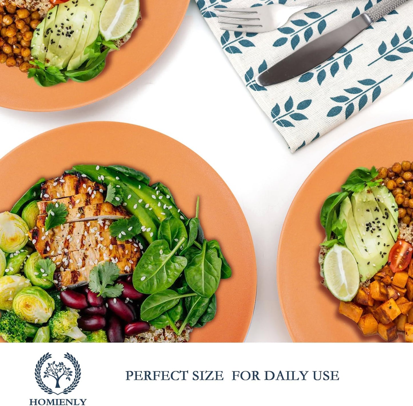 Homienly Flat Dinner Plates Set of 8 Alternative for Plastic Plates Microwave and Dishwasher Safe Wheat Straw Plates for Kitchen Unbreakable Kids Plates(Orange, 10 inch)