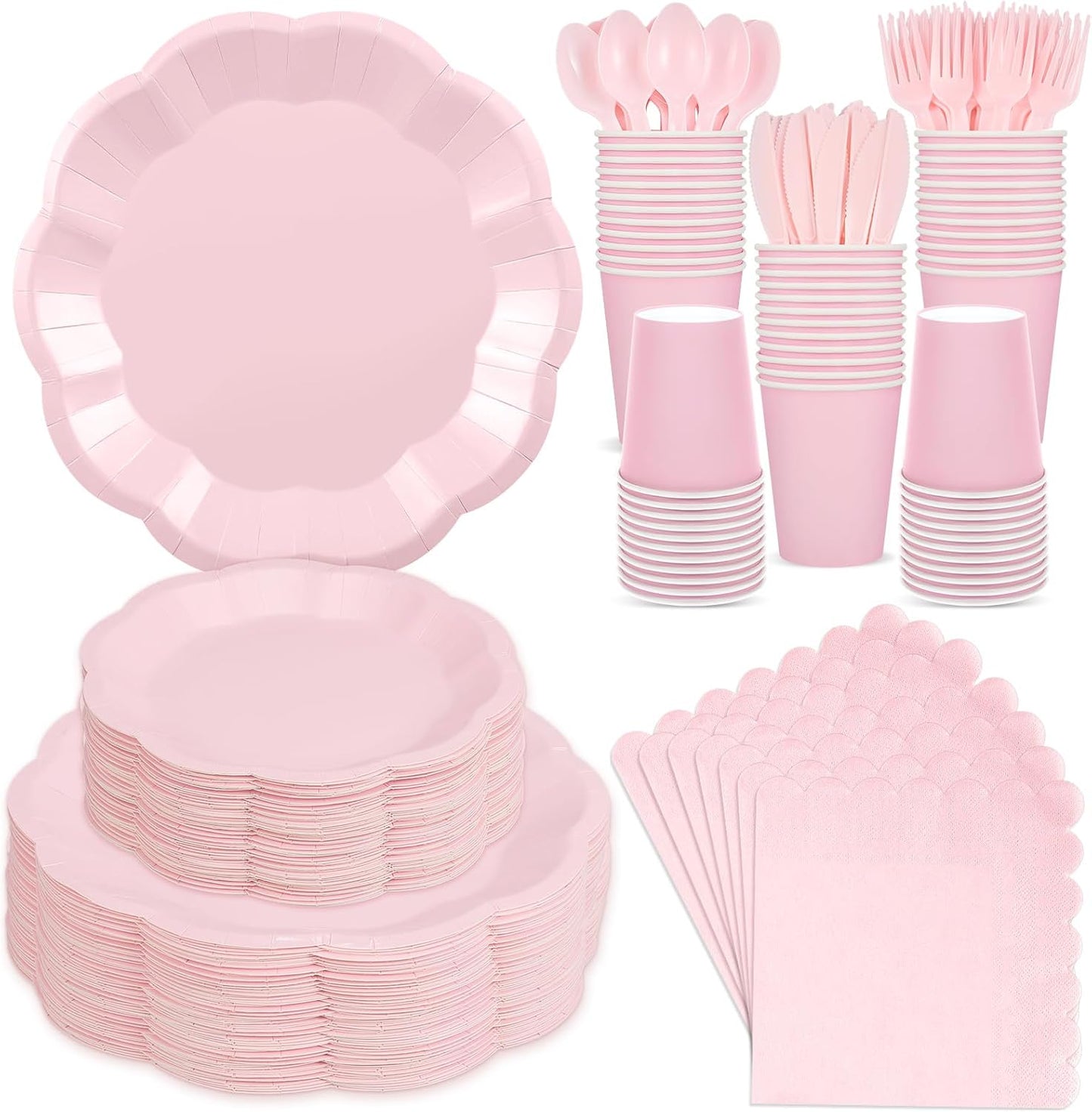 350 Pcs Pink Party Supplies Include Scalloped Plate Napkin Cup Forks Knives, Plastic Cutlery 50 Guest Disposable Party Tableware Set for Wedding Baby Shower Bridal Shower Birthday Parties