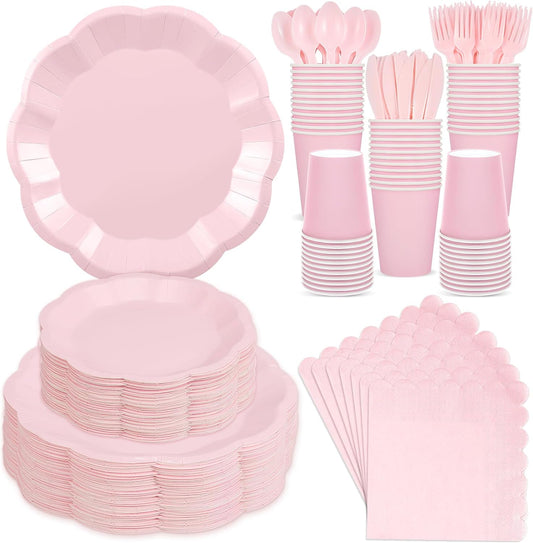 350 Pcs Pink Party Supplies Include Scalloped Plate Napkin Cup Forks Knives, Plastic Cutlery 50 Guest Disposable Party Tableware Set for Wedding Baby Shower Bridal Shower Birthday Parties