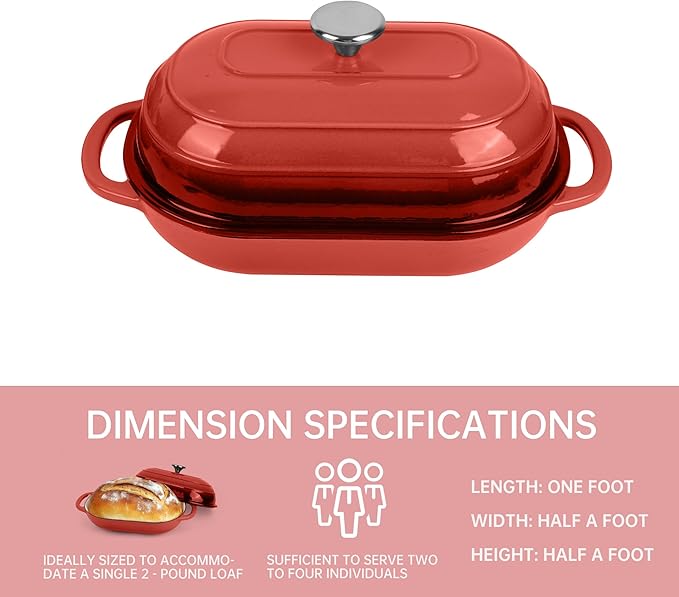 Premium Enameled Cast Iron Dutch Oven for Bread Baking | Non-Stick 2QT Oval Bread Oven with Lid | Perfect for Sourdough, Loaf, and Artisan Baking (Oval Red, 5 QT)
