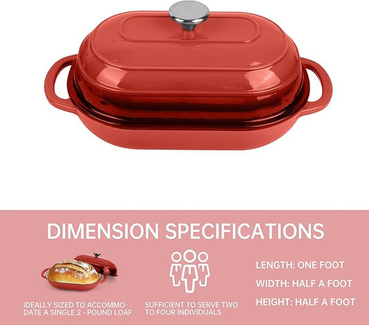 Premium Enameled Cast Iron Dutch Oven for Bread Baking | Non-Stick 2QT Oval Bread Oven with Lid | Perfect for Sourdough, Loaf, and Artisan Baking (Oval Red, 5 QT)