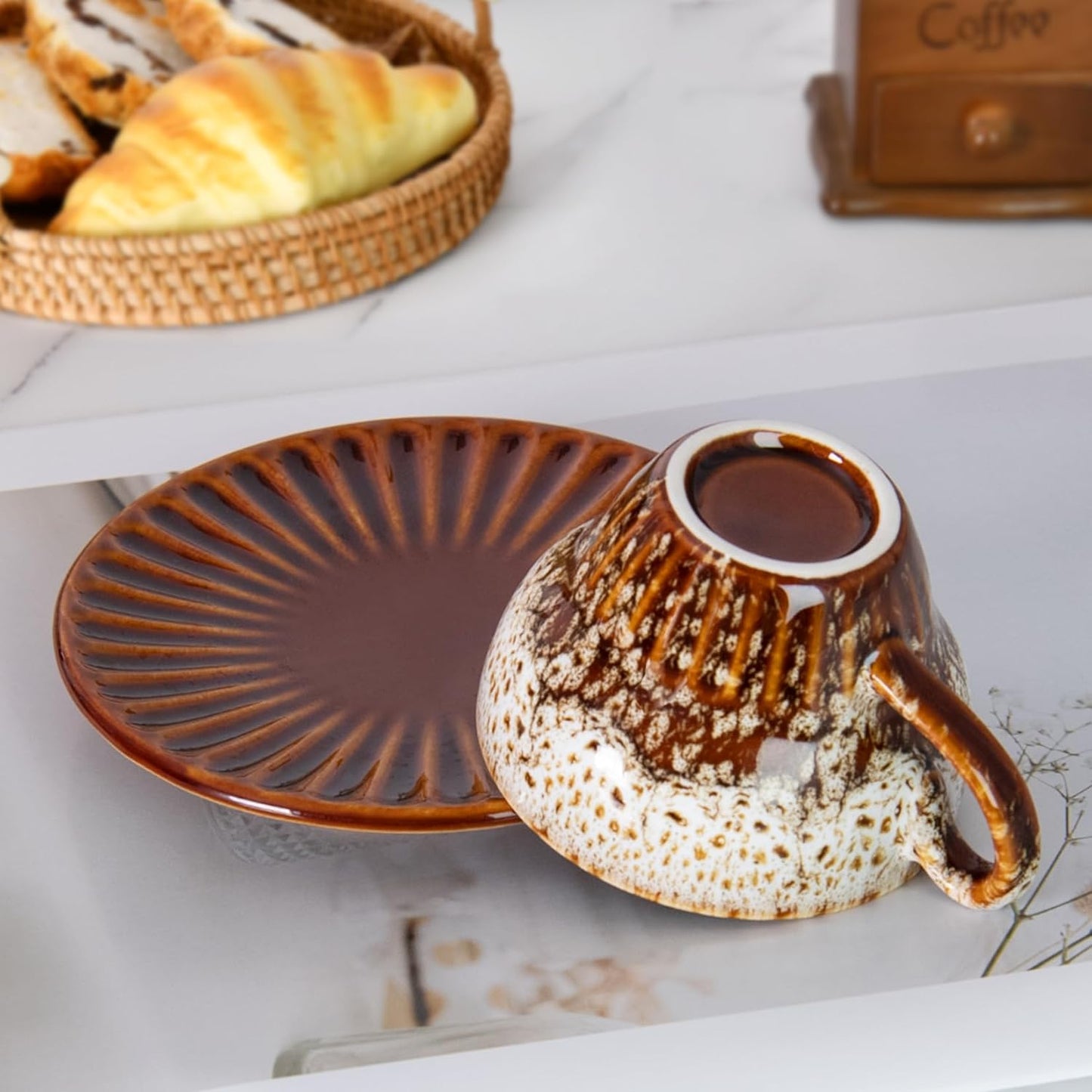 2 oz Espresso Cups Set of 2, Ceramic Cappuccino Cups with Saucers, Durable Porcelain Tea Set & Modern Coffee Cup Collection, Coffee Lover Gifts, Glazed White