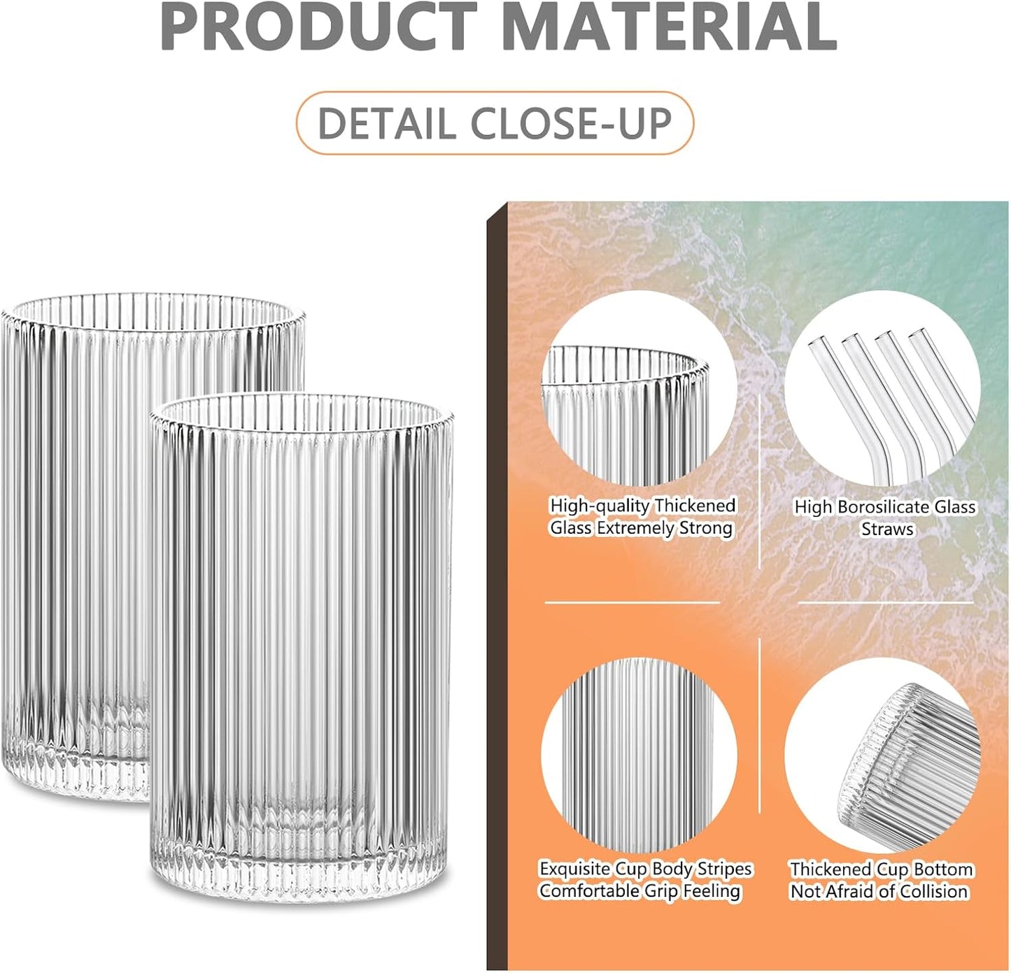 INSETLAN 17oz Ribbed Glassware Set of 4, Glass Cups Large Vintage Glassware Set, Origami Style Cocktail Glasses, Ideal for Beer, Juice, Water, Ice Coffee Cup, Whiskey