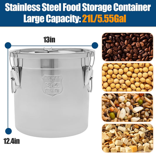304 Stainless Steel Airtight Canister 5.55Gal /710.4oz/21L Airtight Food Storage Container with Lid and Lock Clips, Large Metal Storage Canister for Coffee Beans, Flour, Tea, Sugar, Cereals