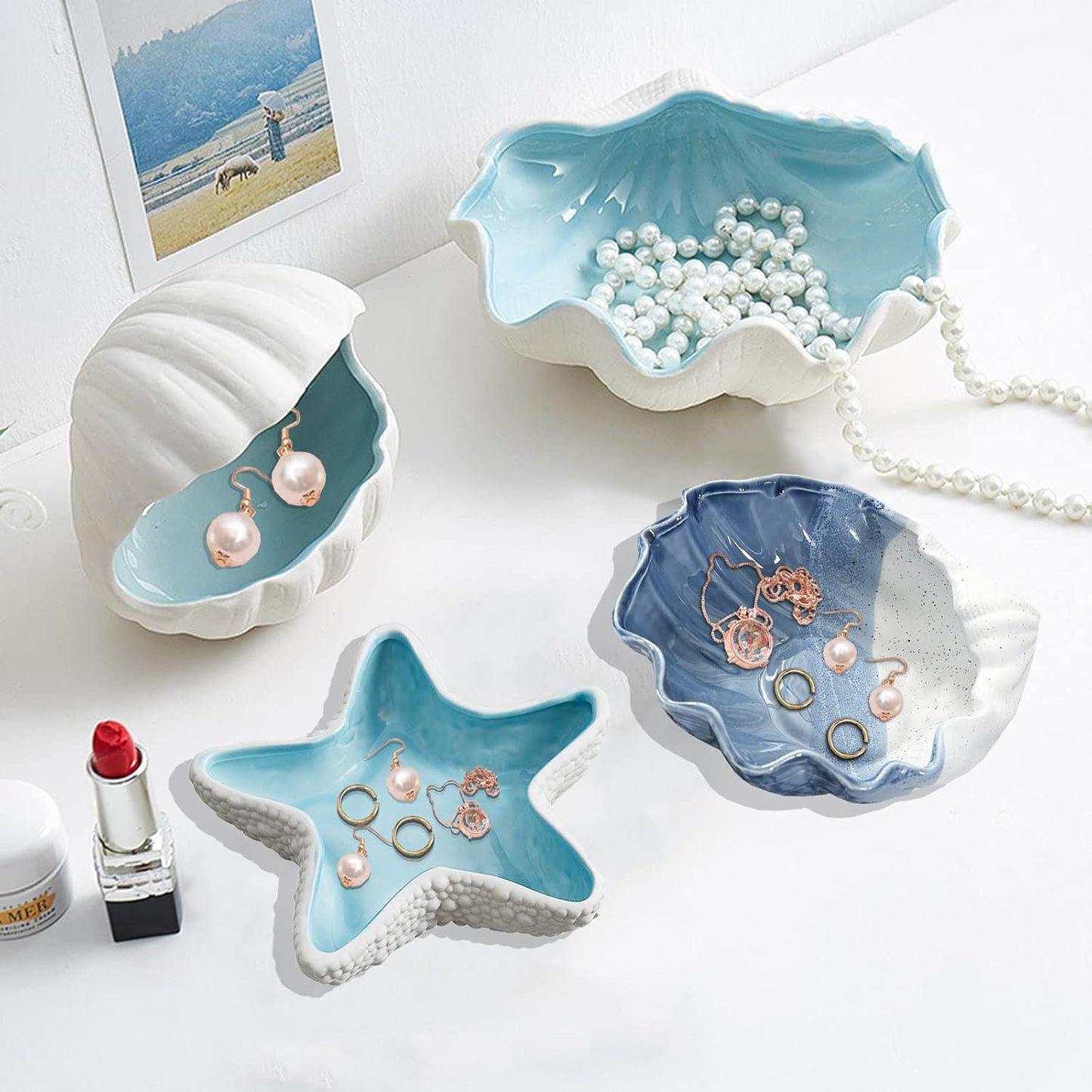 Shell Ring Holder for Jewelry, Ceramic Jewelry Tray, Candy Dishes Trinket Tray, Jewelry Tray Jewelry Plate Small Key Bowl for Entryway Table Birthday Home Party Decor (J STYLE)