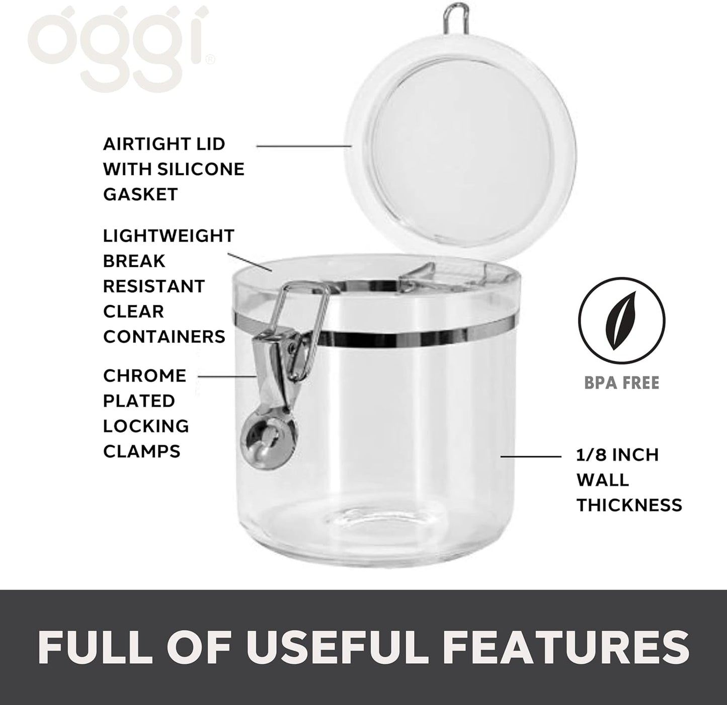 Oggi 4pc Clear Canister Set with Clamp Lids Airtight Containers in Sizes Ideal for Kitchen & Pantry Storage of Bulk, Dry Foods Including Flour, Sugar, Coffee, Rice, Tea, Spices & Herbs