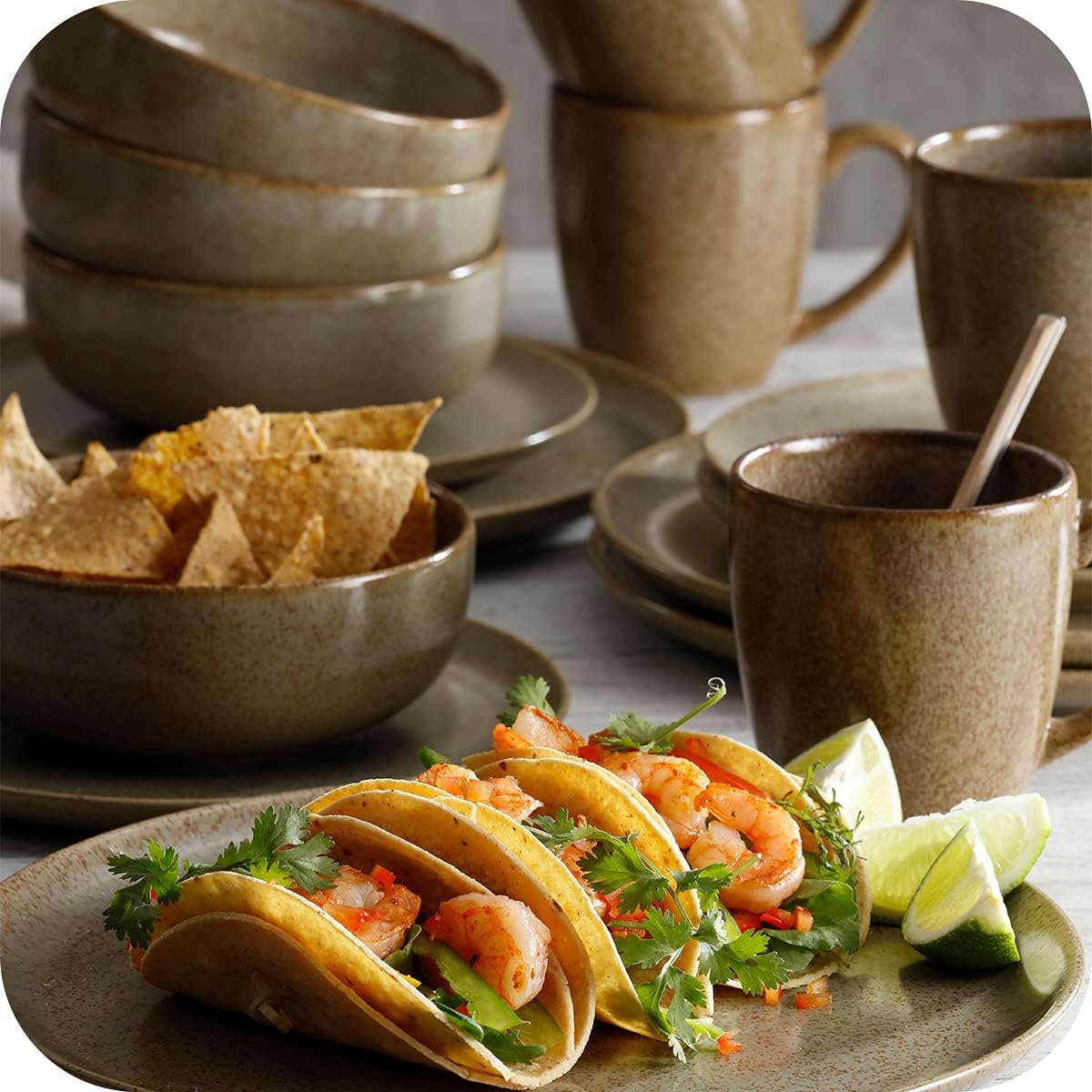 Corona 16–piece Unique Finish Earth-Toned Ceramic Dinnerware Sets, Plates, Bowls and Mugs, Service For 4, Wind