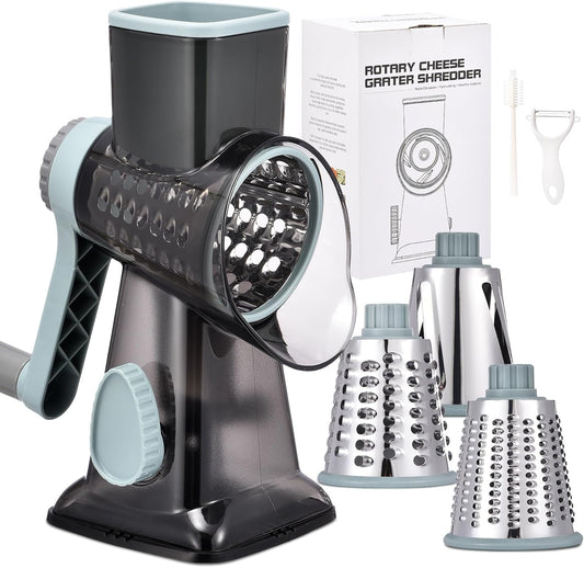 Rotary Cheese Grater with Handle Kitchen Shredder Slicer Grater Slicer Ice Shaver Cheese Vegetable Nuts Potato Zucchini Chocolate 3 Interchangeable Blades (GreyBlue)