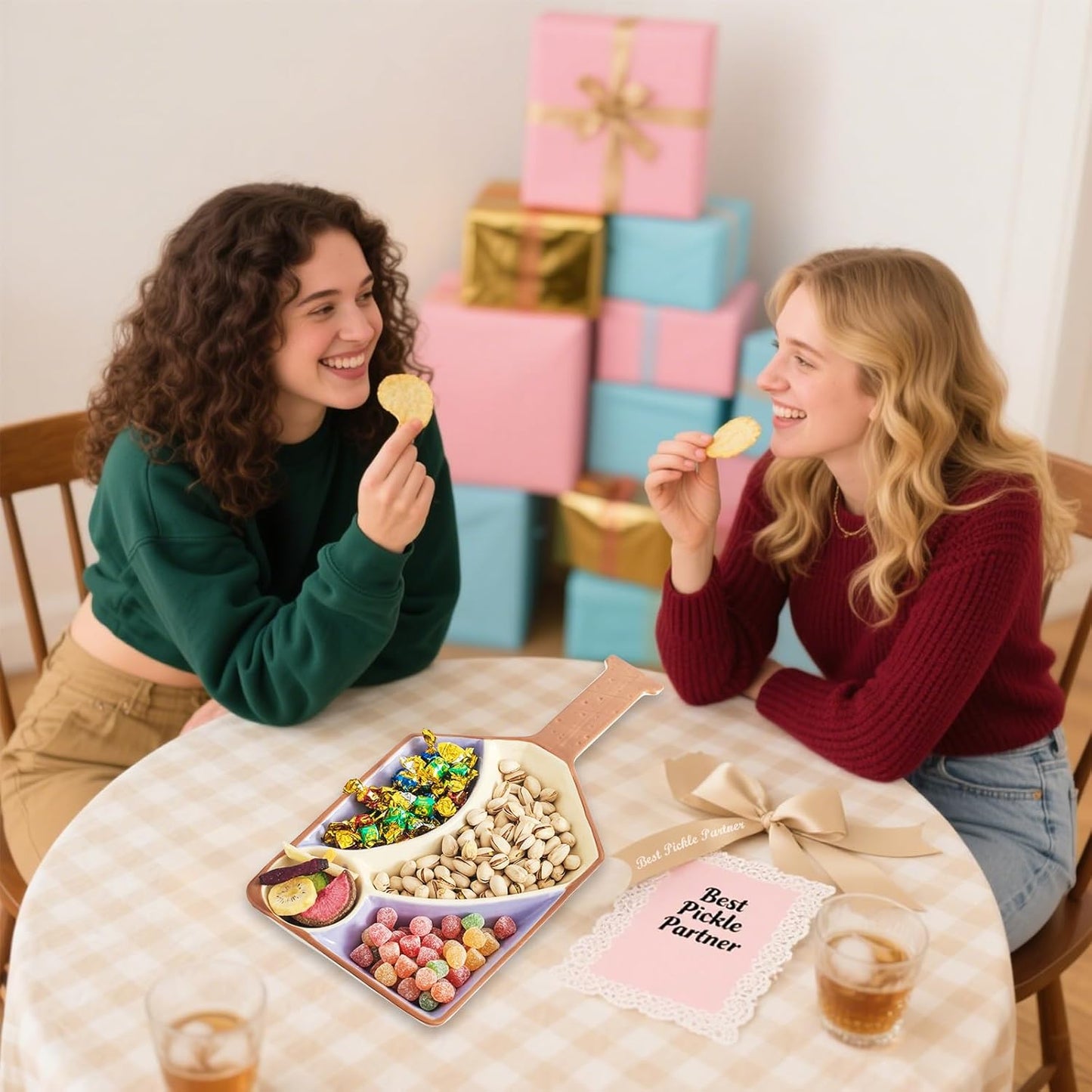 Pickleball Party Platter - Fun Paddle-Shaped Ceramic Tray with Snack Sections - Perfect Serving Dish for Pickleball Lovers display trays (Purple)