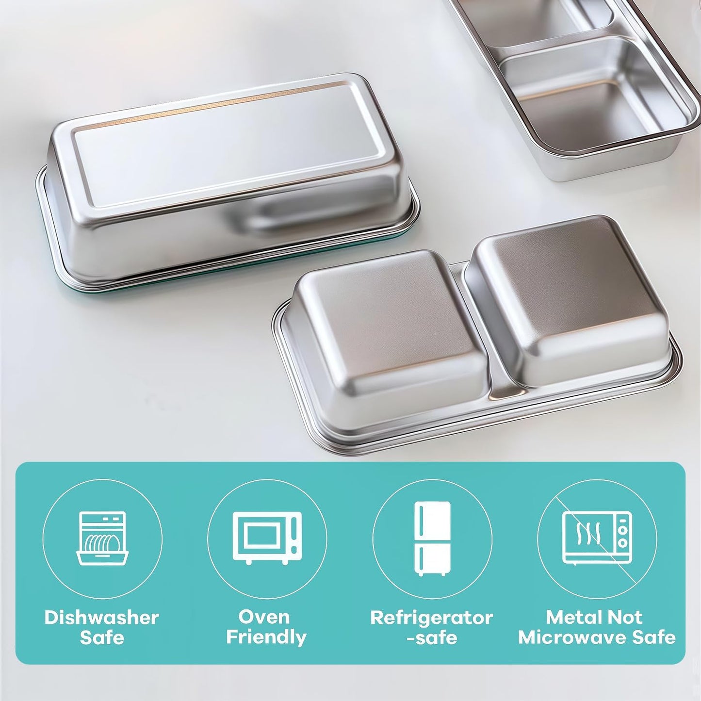 6Pcs 304 Stainless Steel Snack Containers, 30 oz 2 Compartments Portable Food Storage Bento Boxes with Leakproof Lids, Divided Meal Prep Lunch Box Food Container Dishwasher Safe