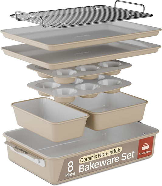 Bakken 8-Piece Stackable Bakeware Set - Ceramic Non-Stick Coating, Baking Sheets, Assorted Baking Pans, PTFE, PFOA & PFOS Free - Healthy Baking, Ergonomic Handles, Cooling Rack, Non-Toxic, Oven-Safe