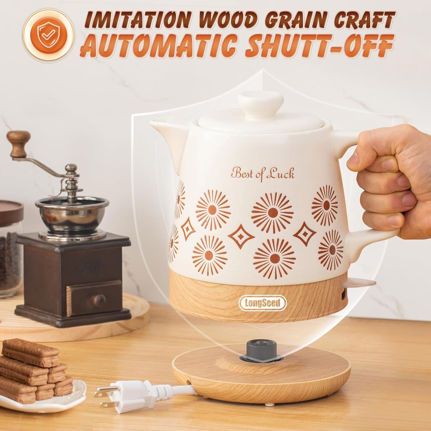 Ceramic Electric Kettle Pot 1.1 Quart, Boiling Water boiler, Teapot Automatic Shut-Off, BPA-Free, Rapid Boil For Coffee & Tea, Boil-Dry Protection, 1000W