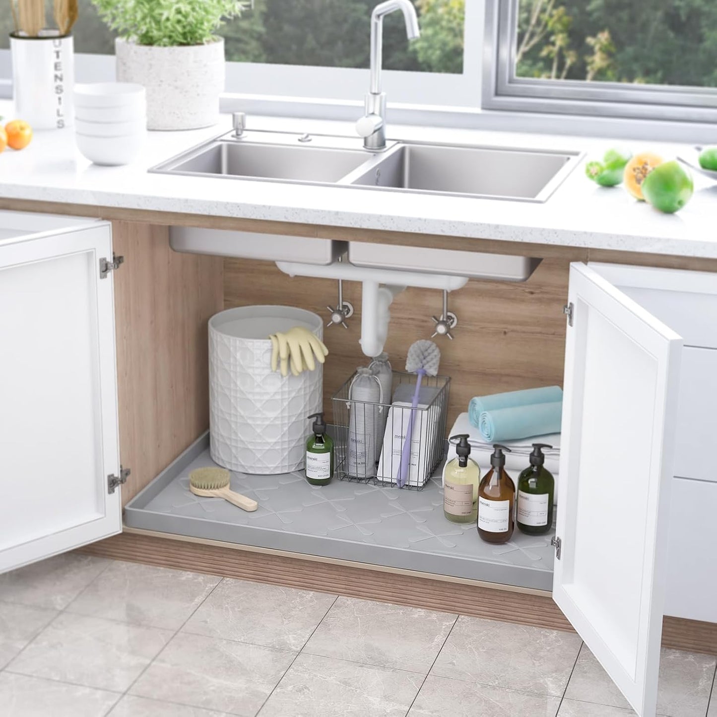 SIKADEER 25" x 22" Under Sink Mat Waterproof, Silicone Mat Kitchen Drawer Shelf and Cabinet Liner, Sink Protector for Kitchen Organizers and Storage, Boot Tray Pet Food Mats