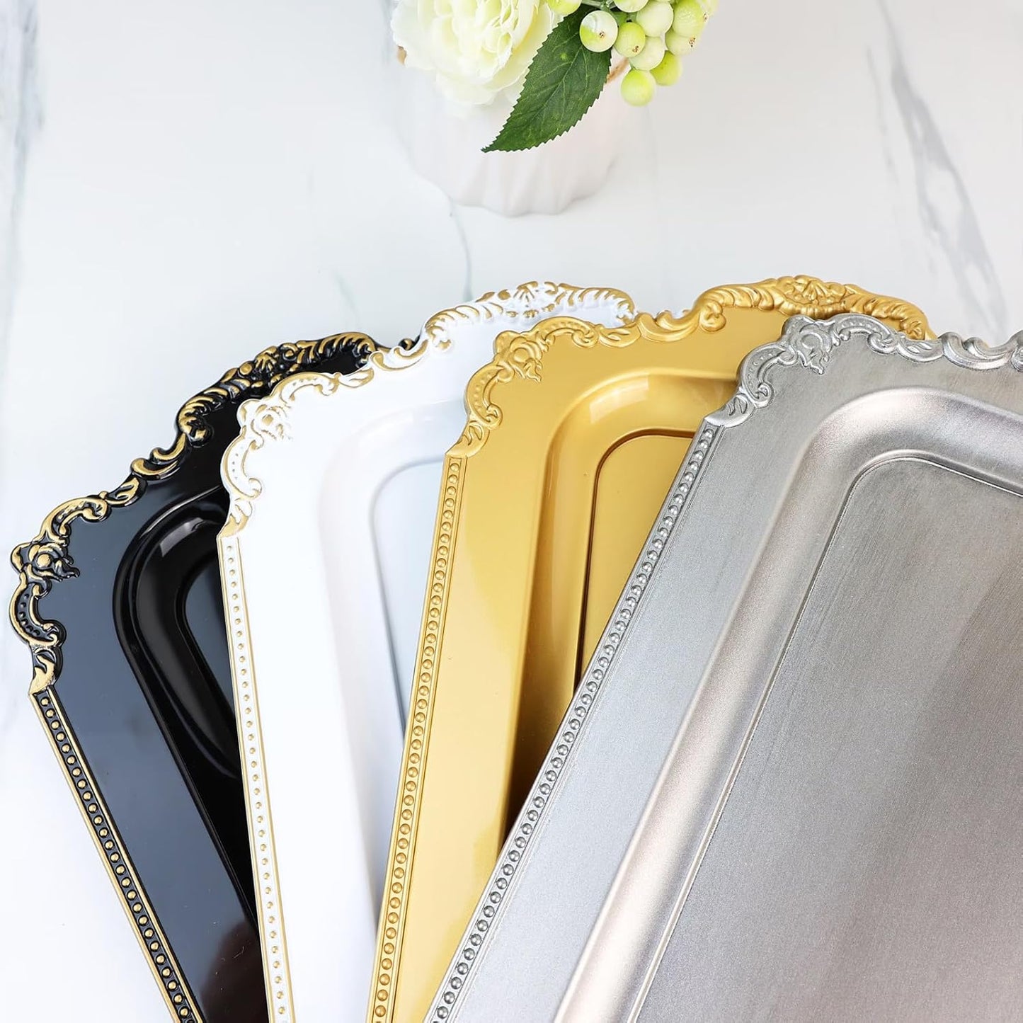 2 Pcs White Vintage Decorative Trays with Gold Rim, Serving Tray for Table Centerpiece Decor, Coffee Table, Living Room