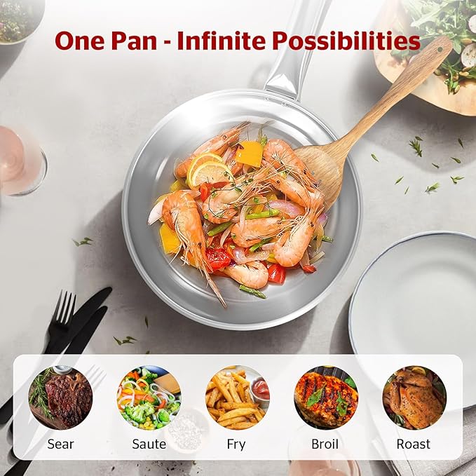 SUNHOUSE 9 Inch Tri-Ply Stainless Steel Frying Pan, Whole-Clad No Coatings Skillet with Stay-cool Handle for Cooking, Durable & Oven Safe to 500°F, Dishwasher Safe, Compatible with All Cooktops