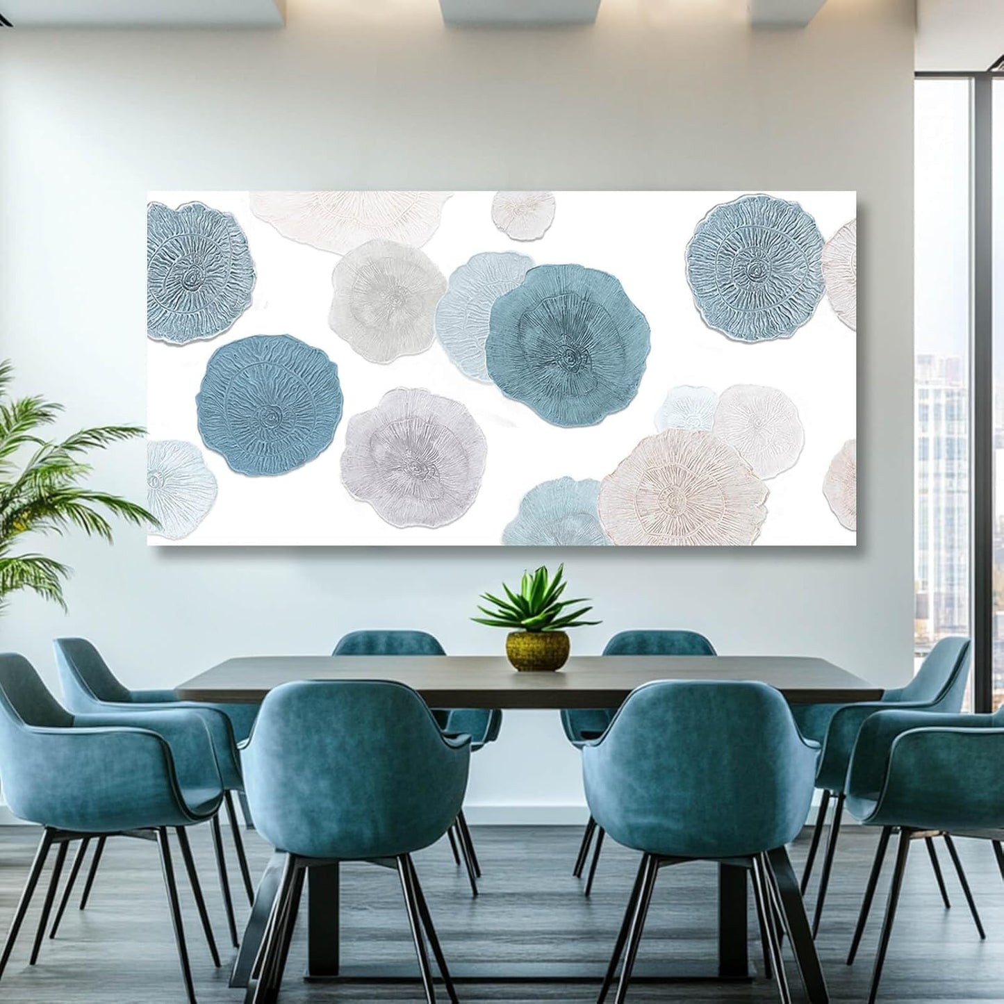 VAYIMDH Blue Wall Prints on Canvas White and Grey Abstract Wall Decor for Home Living Room Framed Poster Cozy Bedroom Painting 24"x 48" Flowers Wall Art