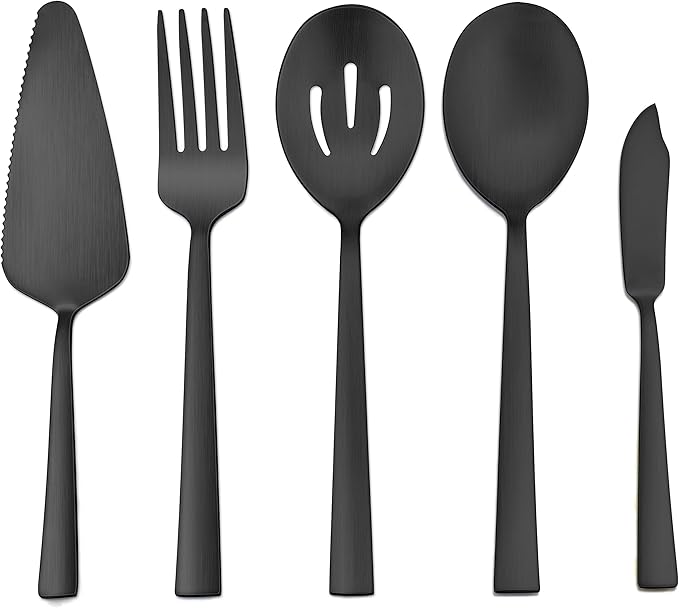 Herogo 5-Piece Matte Black Stainless Steel Serving Utensils Set, Metal Square Hostess Serving Set for Catering Banquet Buffet Party Camping Kitchen Restaurant, Dishwasher Safe