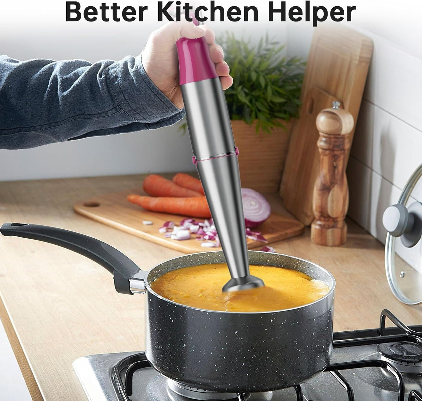 Immersion Blender Handheld Corded Hand Blenders Set 1100W, Trigger Variable Speed 5 in 1 Stick Emulsifier with Chopper, Whisk and Frother for Soup, Baby Food and Smoothies, Rose Red