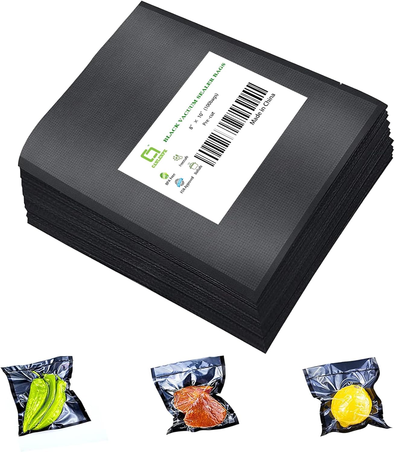 CANLENPK 8x10 Inch/20x25cm Vacuum Seal Bags Black Back and Clear Front,Food Storage Bag,Seal Meal Snack Fruit Nut,Boil Steam Heat Freeze,Commercial Grade Heavy Duty Sealable Bags (100PCS, Black Back)