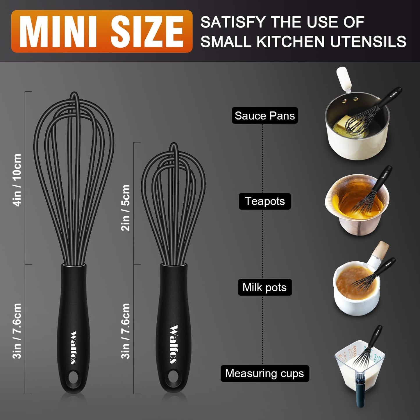 Walfos Whisk 5+7in/12cm+17cm Mini Whisk,Silicone Whisks Non Scratch Heat Resistant (480°F). Nice for stirring individual eggs and mixing small amounts of powder and sauce.Dishwasher Safe.Black