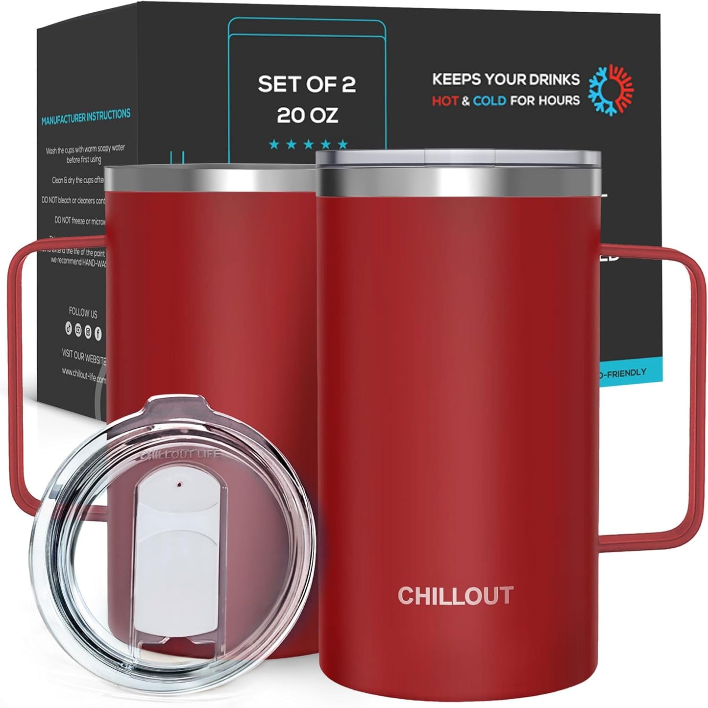 CHILLOUT LIFE Stainless Steel Vacuum Insulated Coffee Mug 16 oz (Set of 2) with Handle and Lid, Large Thermal Camping Coffee Mugs with Sliding Lid for Men & Women, Keeps Your Beverages Hot & Cold