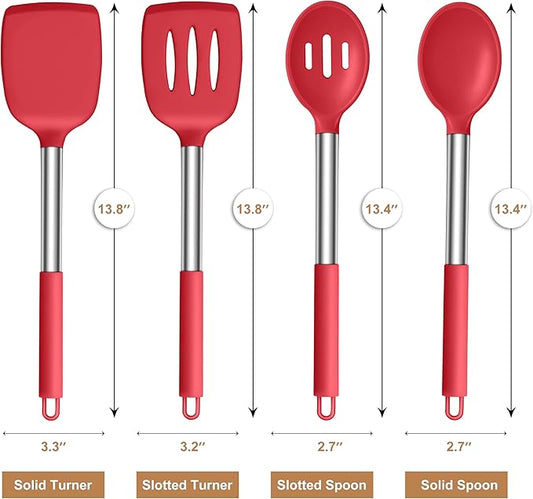 LIANYU Kitchen Cooking Utensils Set of 4, Silicone Turner Spatula Spoon Set for Non-stick Cookware, Heat Resistant & Non-toxic, Dishwasher Safe, Red