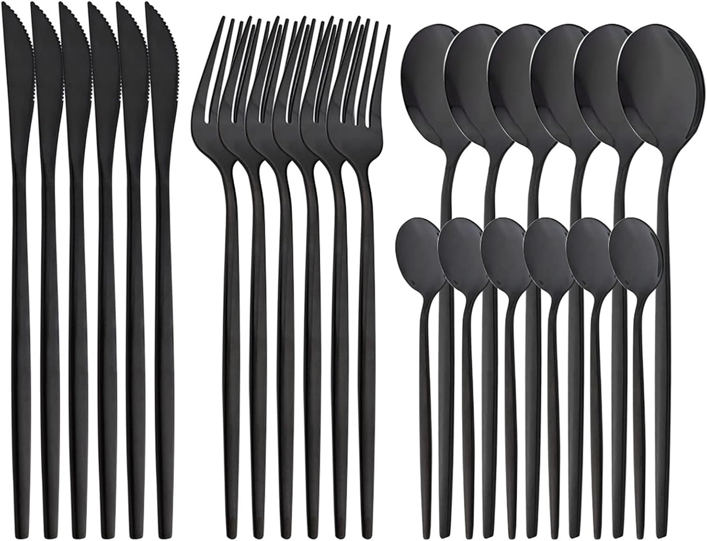 24-Piece Mirror Black Polished Flatware, 18/0 Stainless Steel Dinnerware Set Include Knife Fork Spoon Teaspoon Cutlery Set For Home Restaurant and Party Service For 6, Dishwasher Safe