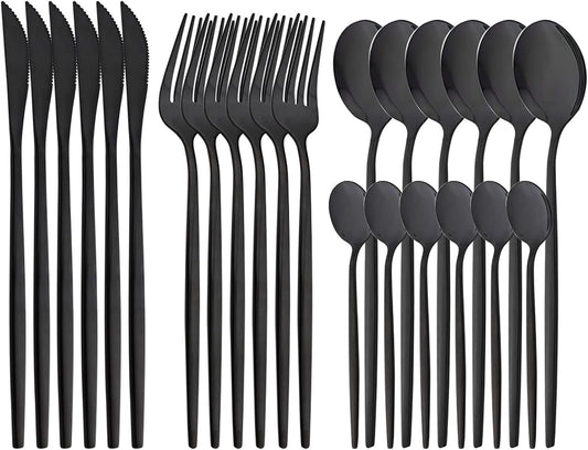 24-Piece Mirror Black Polished Flatware, 18/0 Stainless Steel Dinnerware Set Include Knife Fork Spoon Teaspoon Cutlery Set For Home Restaurant and Party Service For 6, Dishwasher Safe