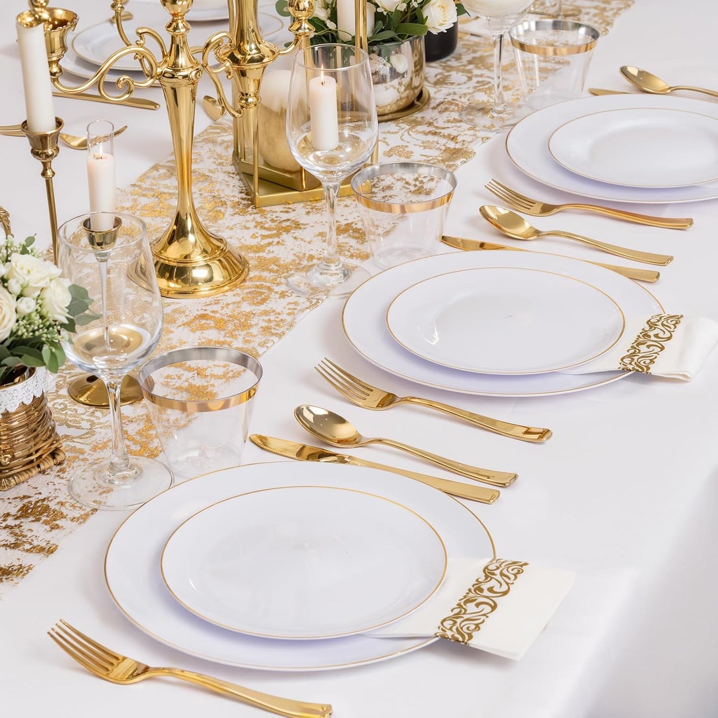 NOCCUR 350PCS Gold Disposable Dinnerware Set for 50 Guests - White and Gold Plastic Plates Include 50 Dinner/Dessert Plates, 150 Silverware and 50 Napkins/Cups Ideal for Fall Party&Thanksgiving