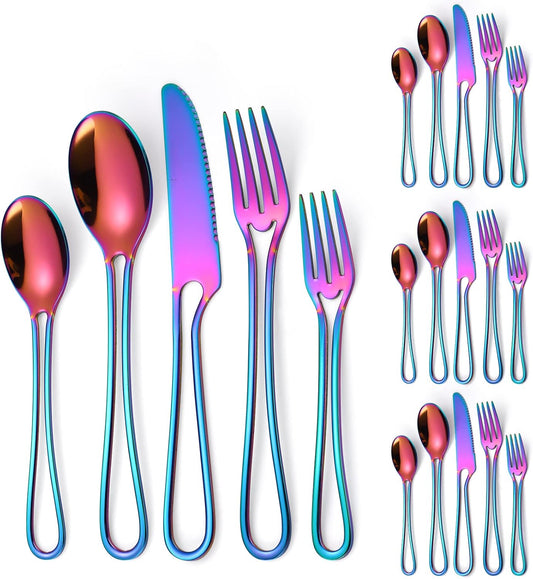 A·HOUSEWARE Iridescent Silverware Hollow Design 20 Piece Stainless Steel Flatware Set of 4 include Forks Spoons Knives Rainbow Utensils Color for Restaurant Parties Durable