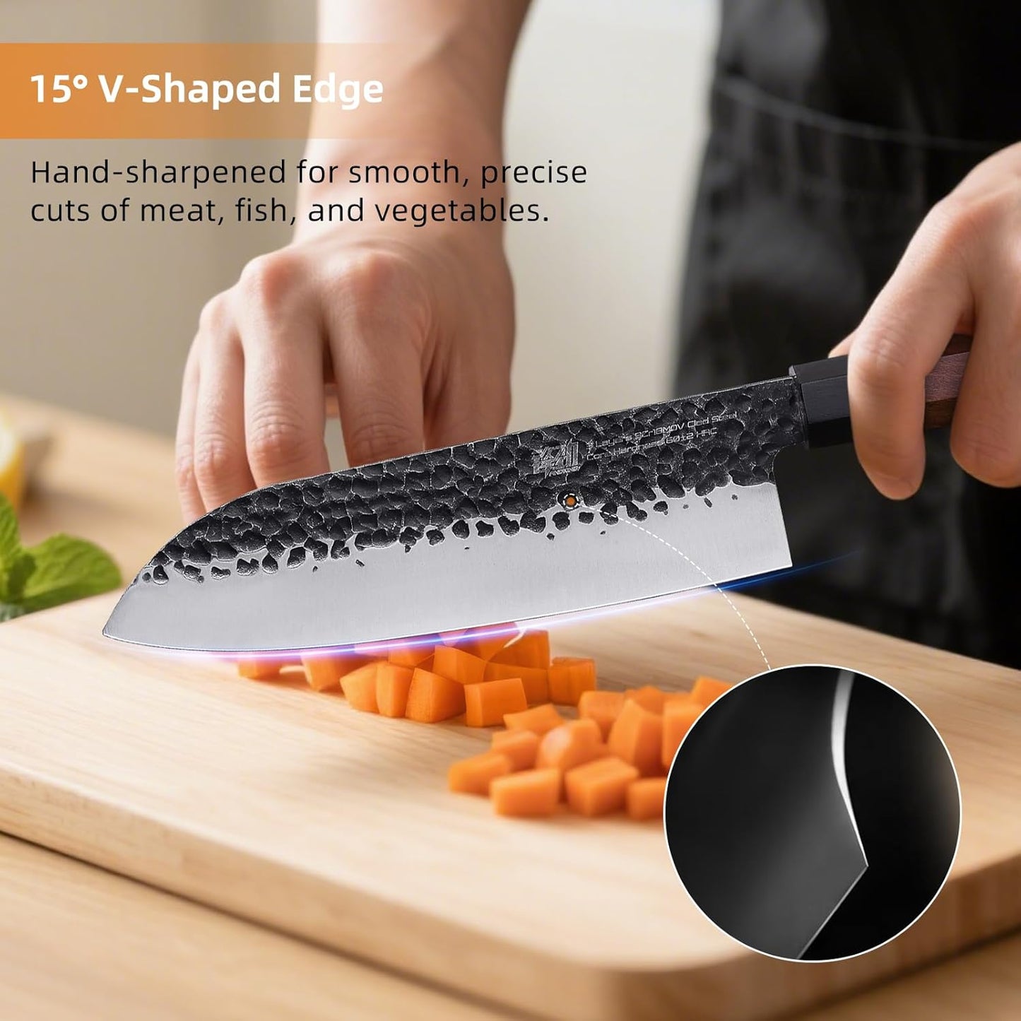 FINDKING Dynasty Series Japanese Santoku Knife, Professional Kitchen Knife, 9Cr18MoV High Carbon Steel Blade, African Rosewood Octagonal Handle, for Meat, Fruits, Vegetables, 7 Inches