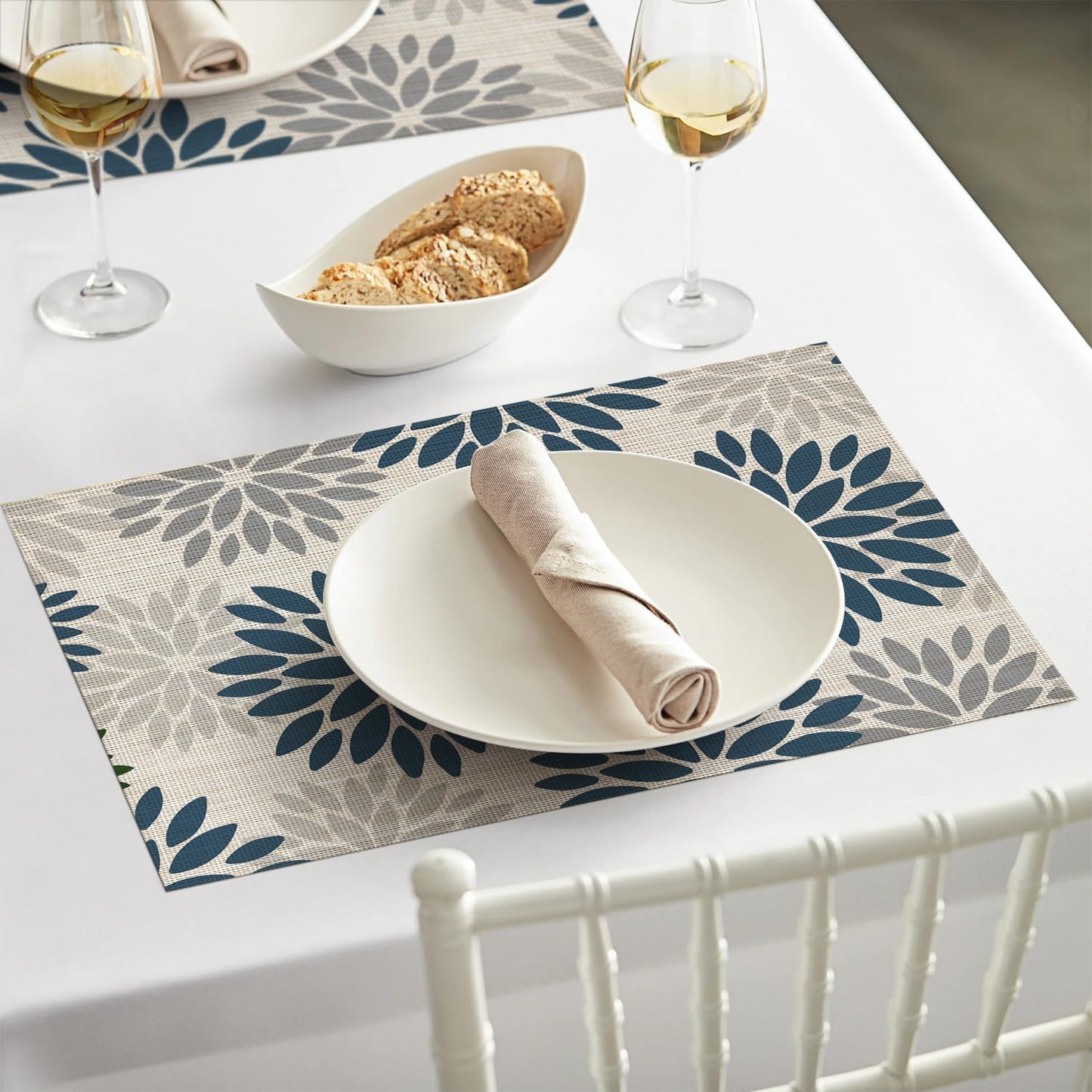 Artoid Mode Floral Vinyl Plistic Placemats Set of 6, Heat Resistant Washable Non-Slip PVC Place Mats for Party Kitchen Dining Decor, Blue Grey