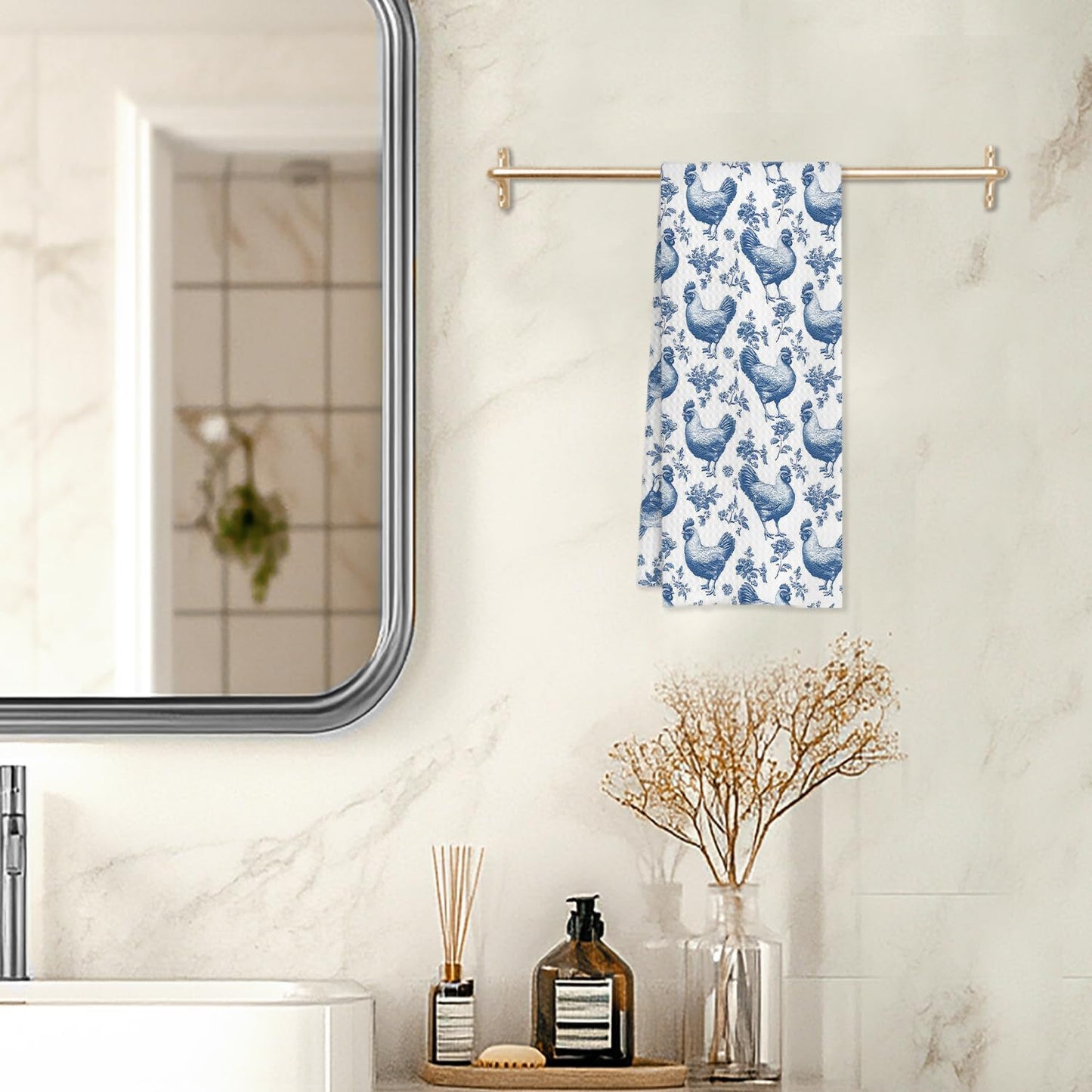 Chinoiserie Chicken Kitchen Towels, Chicken Lover Mom Lady Gifts Decorative Dish Tea Towels for Kitchen, Rustic Farm Animal Hens Hand Towels for Bathroom, 16x24 Inches