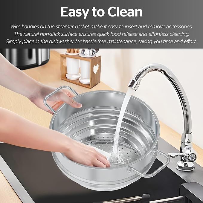 SUNHOUSE 5 Quart Stainless Steel Steamer Insert – Multi-Purpose Soup & Food Steamer with Stay-Cool Handles & Heavy-Duty Glass Lid – Fits Various Pot Sizes (8", 8.5", 9.5")