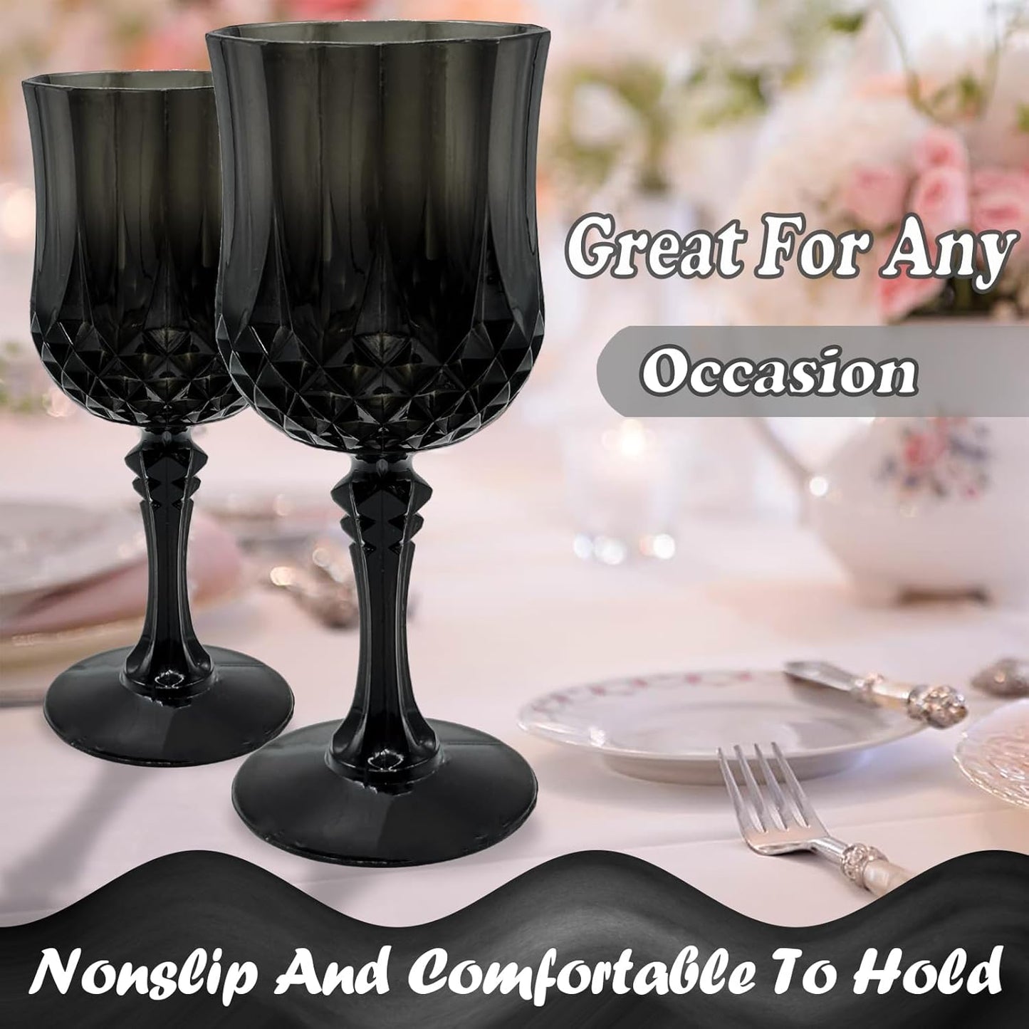 12 PCS Black Plastic Wine Glasses，Cordial Glasses，Goblets，Can be Used for Weddings, Everyday Fun Parties and More!