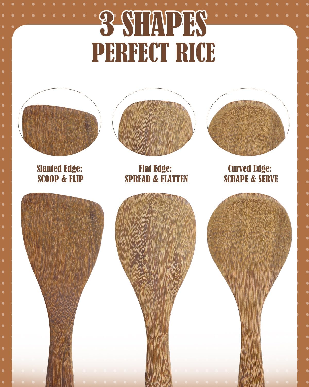 EORTA Set of 3 Wooden Rice Paddles, 8 Inch Rice Spoon Spatula & Scooper for Nonstick Cookware, Small Wooden Utensils for Kitchen Cooking, Slanted/Flat/Curved Food Spatula, 8.26 * 2.75inch