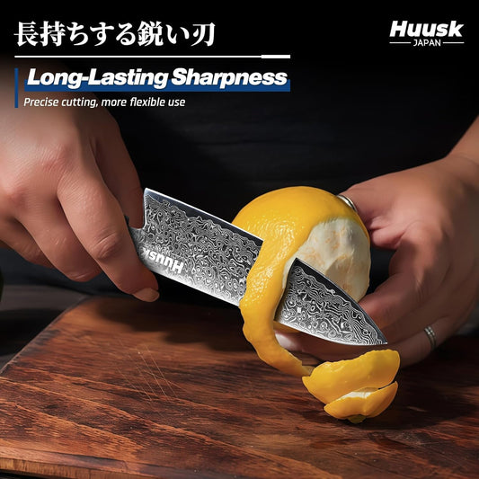 Huusk Damascus Utility Knife Japanese - 5.5 inch Handcrafted VG10 Paring Knife, Small Chef Knives with Ergonomic Wooden Handle, Versatile Kitchen Knives for Vegetable Fruit Meat, Birthday Dad Mom Gift