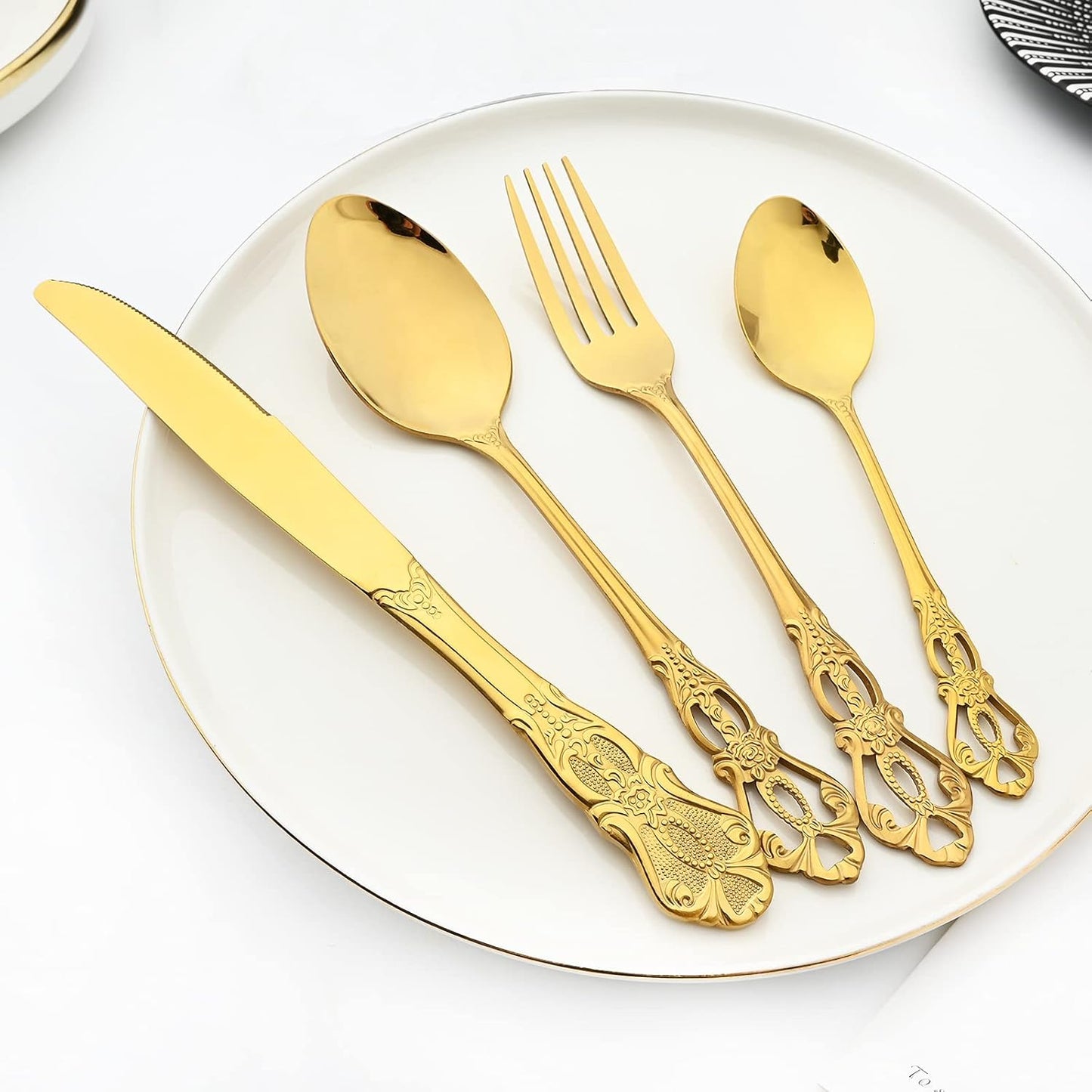 Royal 24-piece Gold Mirror Silverware Dinnerware, 18/10 Stainless Steel Luxury Flatware Service For 6 Tableware Ideal For Wedding Home Restaurant, Dishwasher Safe