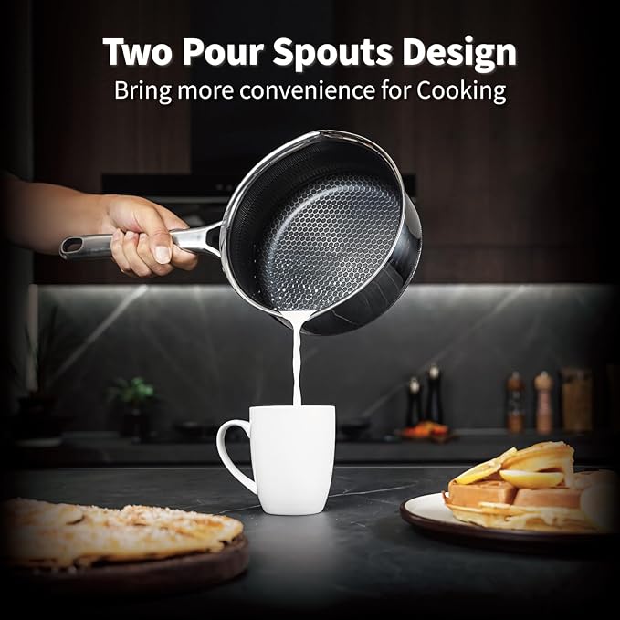 Hybrid Nonstick Saucepan Set of 2 with Lids 1.5 QT and 3 QT, Stainless Steel Honeycomb Pans with Side Pour Spouts,Compatible with All Cooktops,Dishwasher and Oven Safe