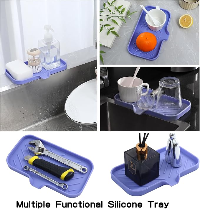 Silicone Bathroom Soap Dishes with Drain Spout-Bathroom and Kitchen Sink Organizer,Sponge Holder,Dish Soap Tray,Perfect for Dispenser,Scrubber,Bottle on Sink or Counter-Light Purple 9.6"×5.3"