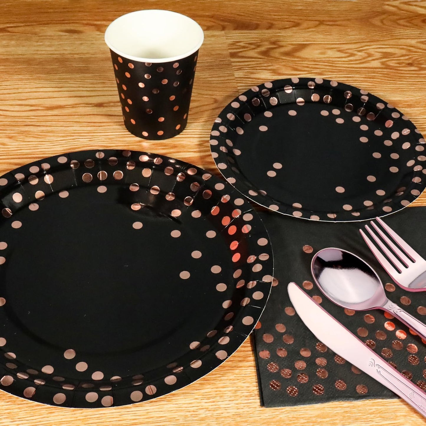 176 Pieces Gold Disposable Party Dinnerware Set &Golden Dot Disposable Party Dinnerware - Black Paper Plates Napkins Cups, Gold Plastic Forks Knives Spoons (25 Guests,176 Pieces)