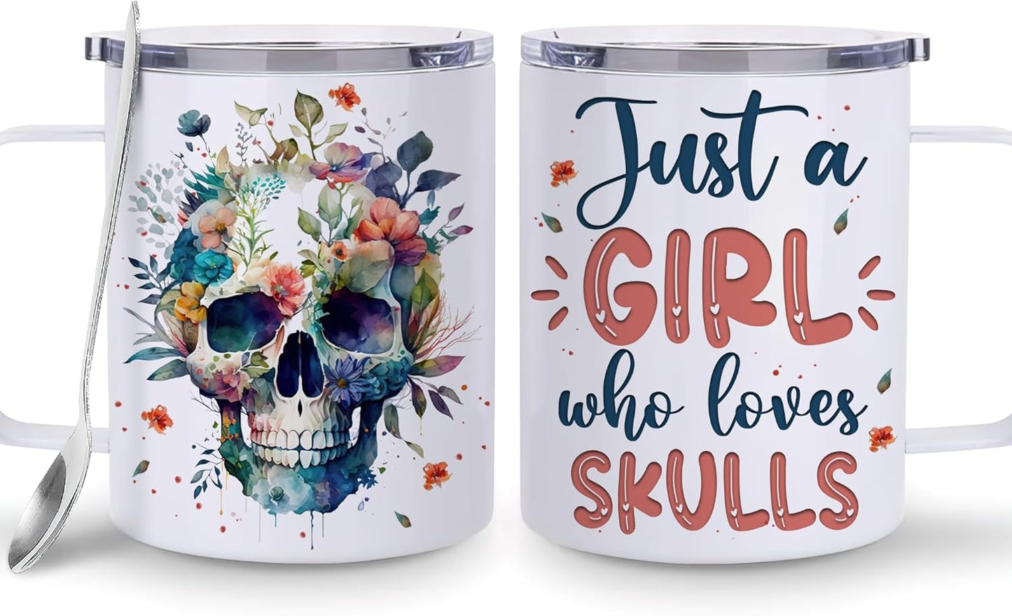 Hyturtle Skull Cup Gifts Skull Lovers - Just A Girl Who Loves Skulls Coffee Mug Stainless Steel 12oz - Goth Gifts For Women - Cute Gothic Lover Gift For Her, Girls, Daughter On Birthday Christmas