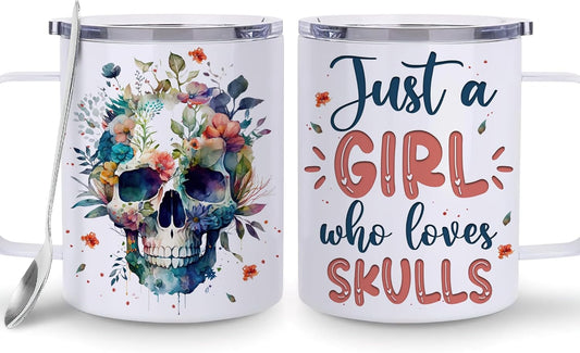 Hyturtle Skull Cup Gifts Skull Lovers - Just A Girl Who Loves Skulls Coffee Mug Stainless Steel 12oz - Goth Gifts For Women - Cute Gothic Lover Gift For Her, Girls, Daughter On Birthday Christmas
