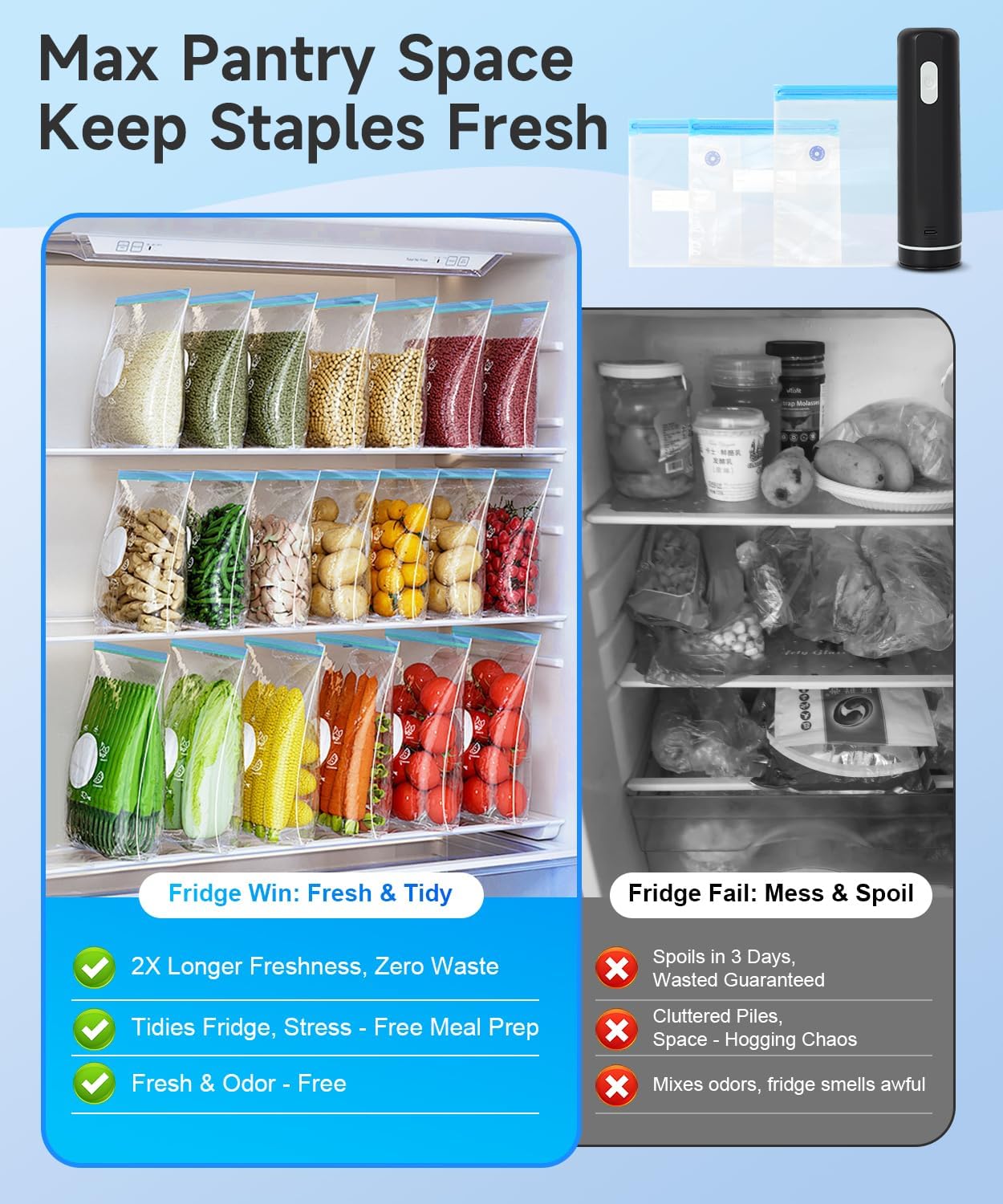 Handheld Vacuum Sealer for Food, Compact Vacuum Sealer Machine with 30pcs Reusable Vacuum Bags, Portable Cordless Save Food Kit with 10S+10M+10L, Food Storage for Freezer, Black