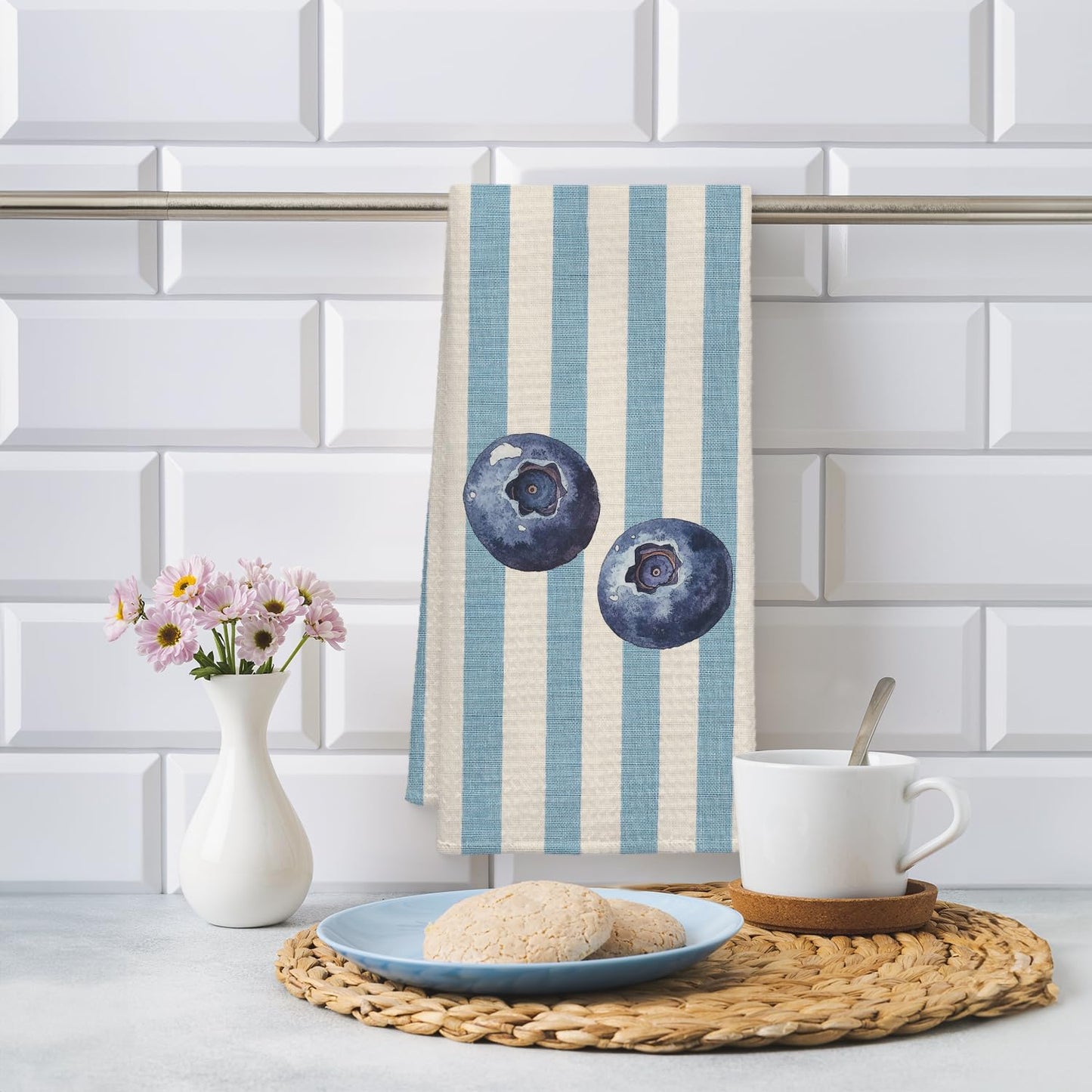 Blueberry Decor Kitchen Towels, Blue and White Striped Summer Blueberry Dish Tea Towel for Kitchen Decor, Fruit Lover Gifts Decorative Hand Towels for Bathroom, 16x24 Inch