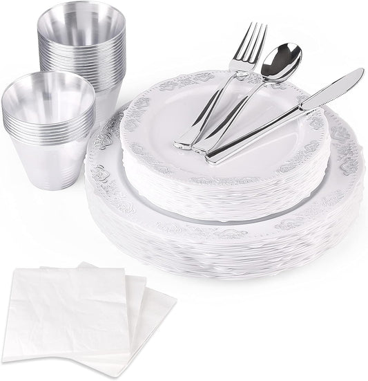 FULING 175 Pieces Silver White Dinnerware Set For 25 Guest Disposable Tableware Plastic Cutlery 5-Sets, With 12oz Cups, Knife, Fork, Spoon, Dinner Paper Each 25 Pieces For Wedding, Birthday, Party