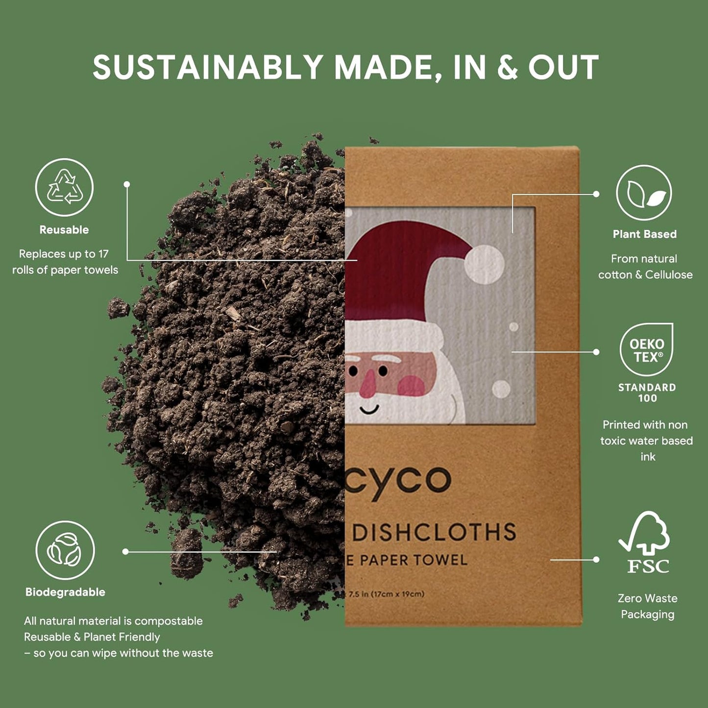 RECYCO 4 Pack Christmas Swedish Dishcloths for Kitchen | Classic Red Washable Dish Towels | Cellulose Reusable Cleaning Paper Towels | Absorbent Counter Dish Cloth Sponge Kitchen Wipes, 7" x 8"